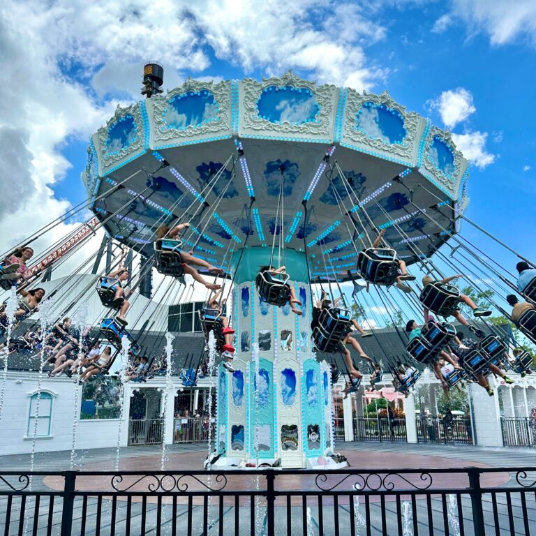 Carousel ride with ornate blue and white panels and riders swinging against a bright blue sky