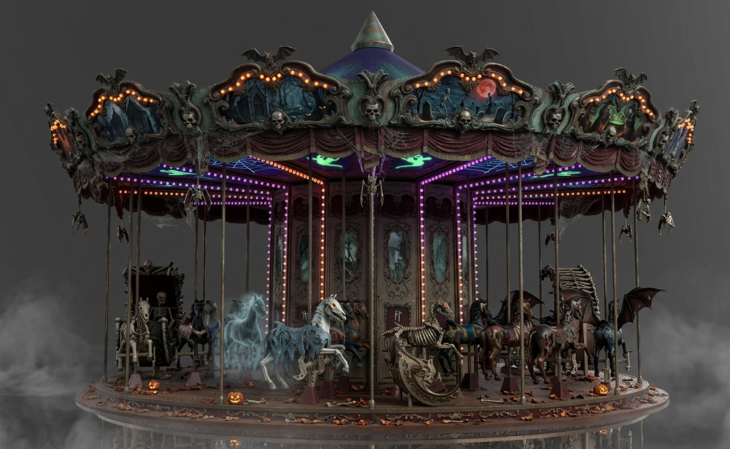 Haunted carousel with skeletal horses, bats, and eerie lights on a foggy night